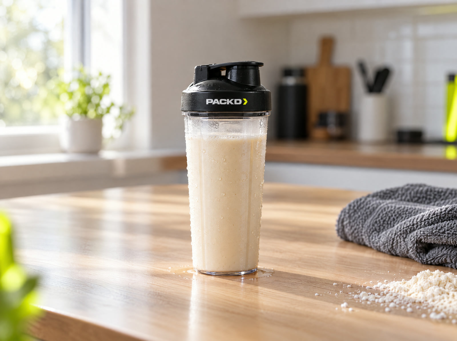 A PACKD shaker bottle mid-shake with a vortex of liquid swirling inside.